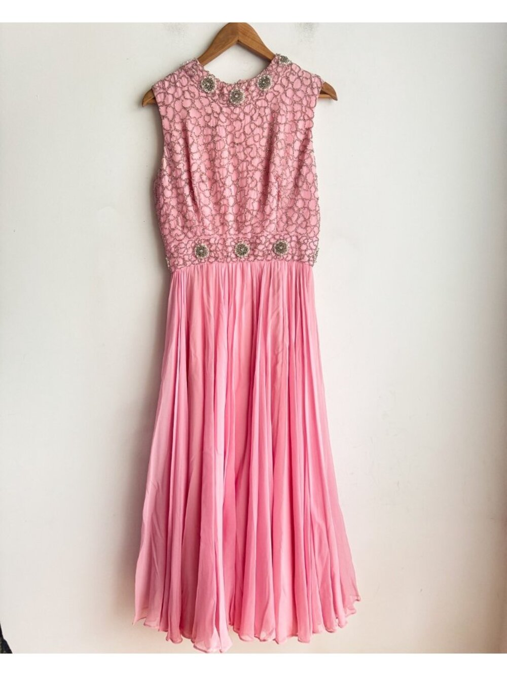 Vintage 60s Barbie Pink Beaded Fit and Flare Midi Cocktail Dress S - Picture 5 of 9